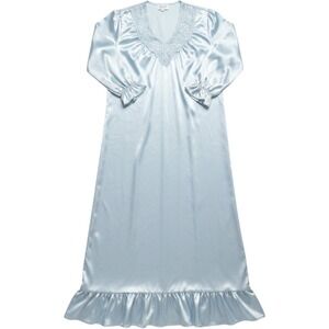 Vintage Stardust Blue Satin Lace Nightgown Long Sleeve Soft Ruffle Hem Small